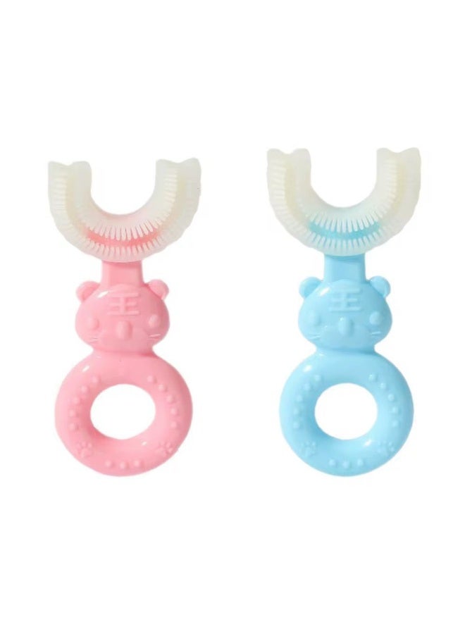 فرشاة أسنان على شكل حرف U بشعيرات سيليكون ناعمة لنظافة فموية 360°، فرشاة أسنان للأطفال من 2 إلى 6 سنوات - قطعتين (ازرق وبمبى) - Image 3